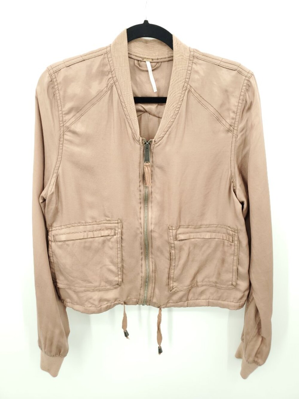 Free People Taupe Cupro Hemp Blend Bomber Jacket Size Small Tan/Pink